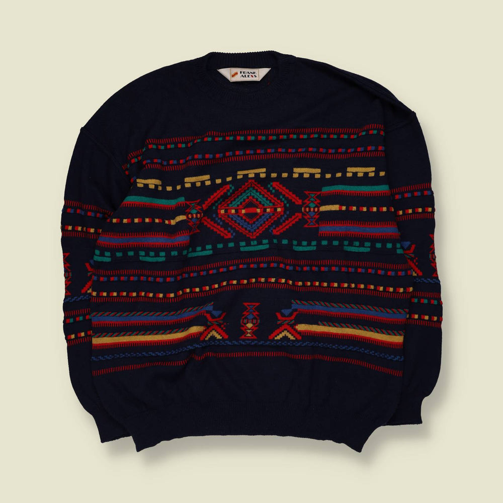 1980s | Frank Alexs | Coogi-Style Knit Jumper | Navy Multi - XXL