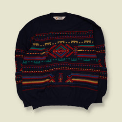1980s | Frank Alexs | Coogi-Style Knit Jumper | Navy Multi - XXL