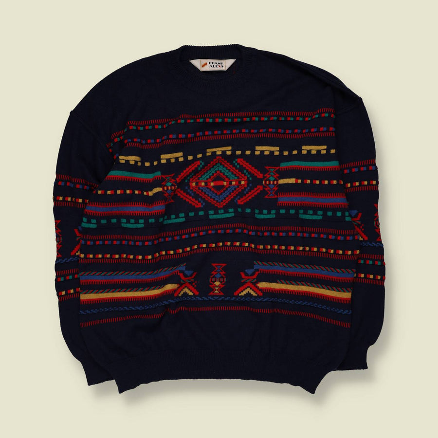 1980s | Frank Alexs | Coogi-Style Knit Jumper | Navy Multi - XXL