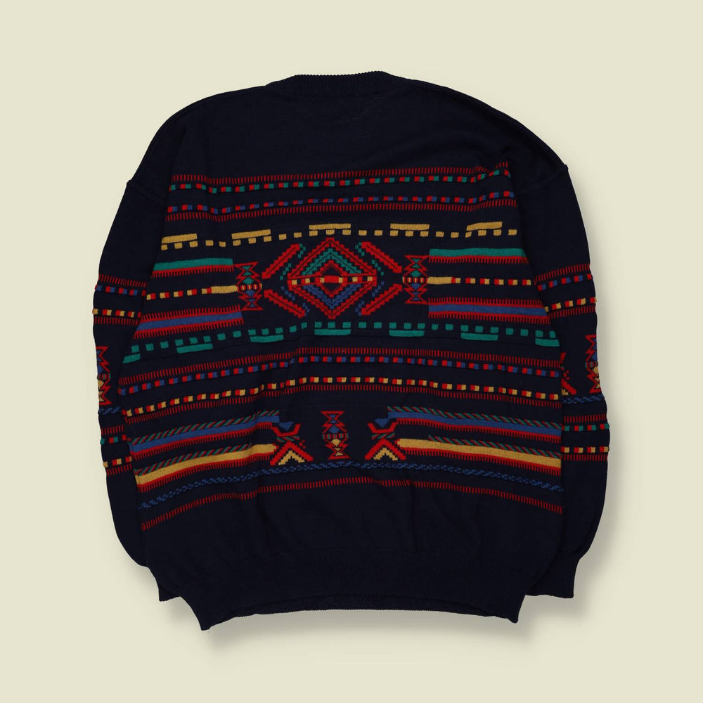 1980s | Frank Alexs | Coogi-Style Knit Jumper | Navy Multi - XXL