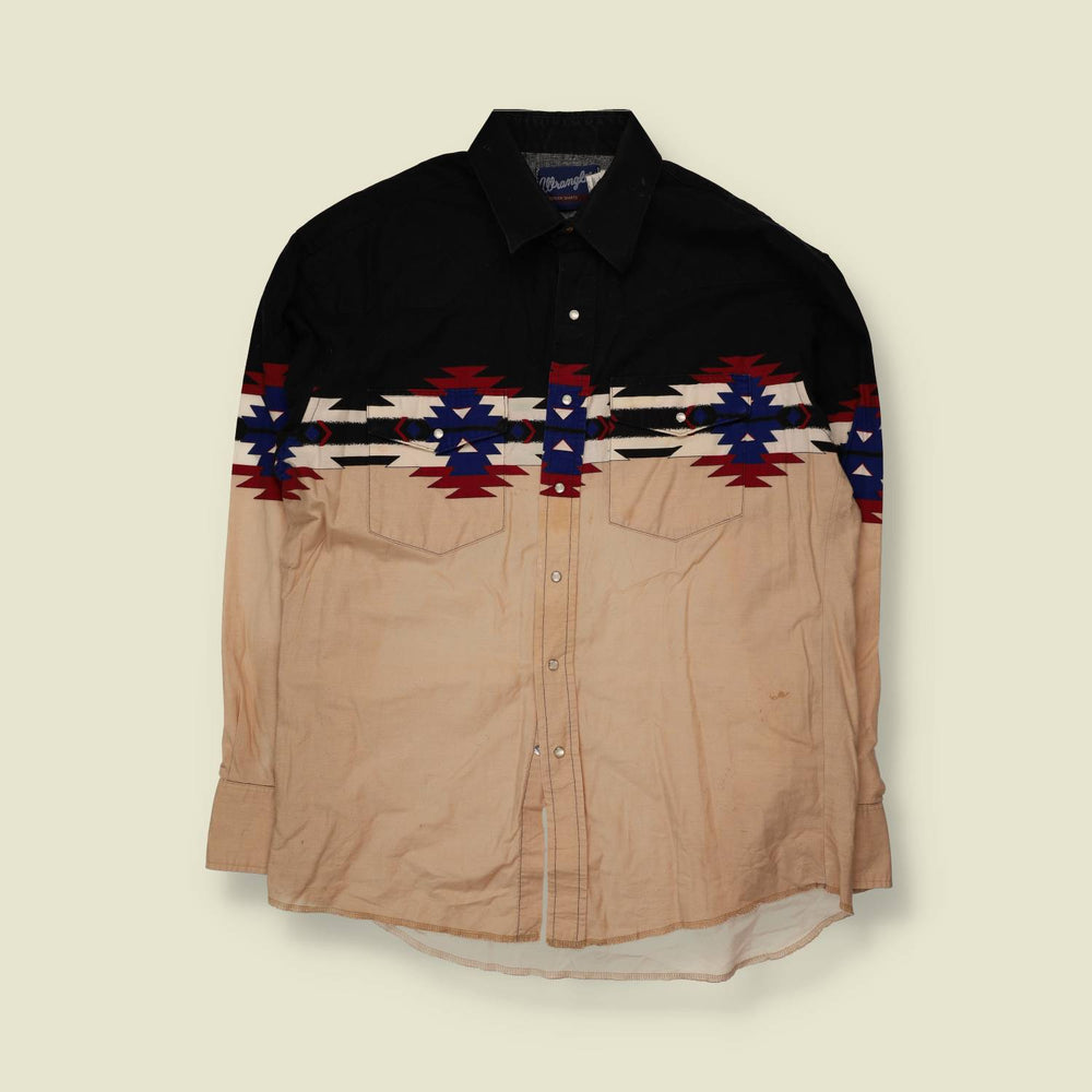 1980s | Wrangler | Aztec Panel Western Shirt | Black/Tan - XL