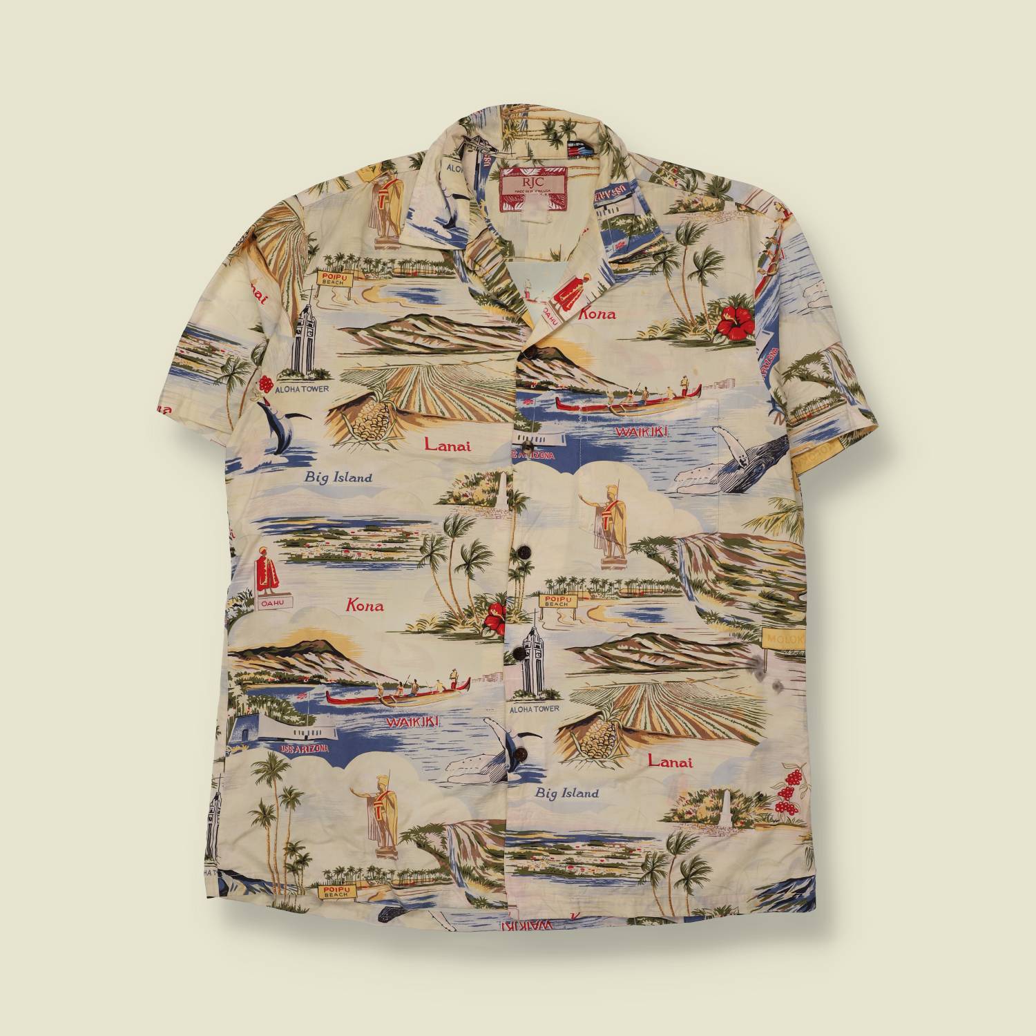 1980s | RJC | Hawaiian Islands Print Shirt | Cream - XL