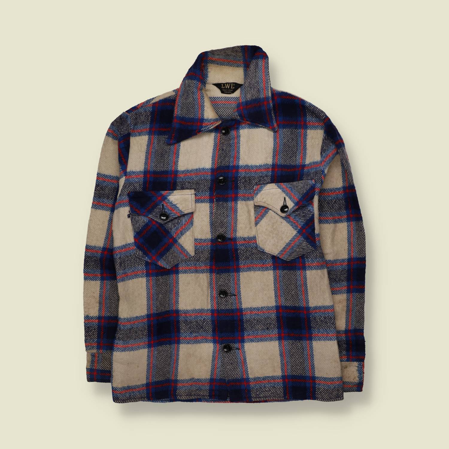 1970s | LWL Sport Chief | CPO Wool Shirt | Cream/Blue Plaid - S