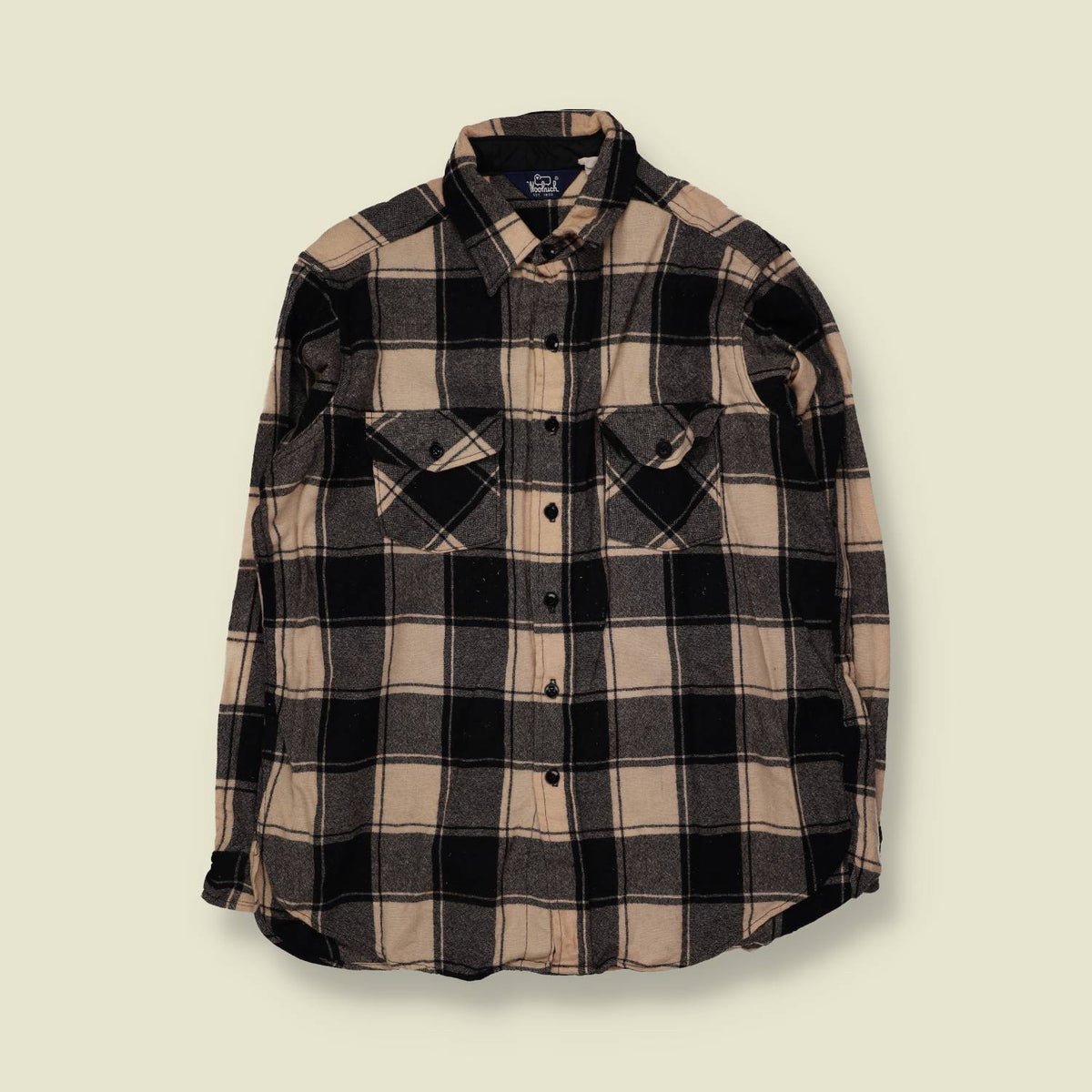 1980s | Woolrich | Wool Shirt | Cream/Black Plaid - XL