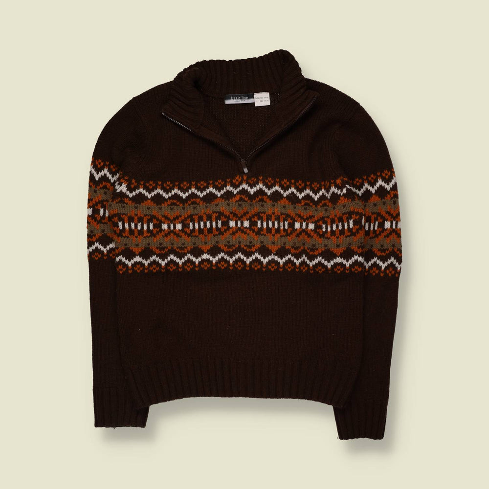1990s | Basic Line | Fair Isle Quarter-Zip Knit Jumper | Brown - S