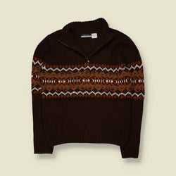 1990s | Basic Line | Fair Isle Quarter-Zip Knit Jumper | Brown - S