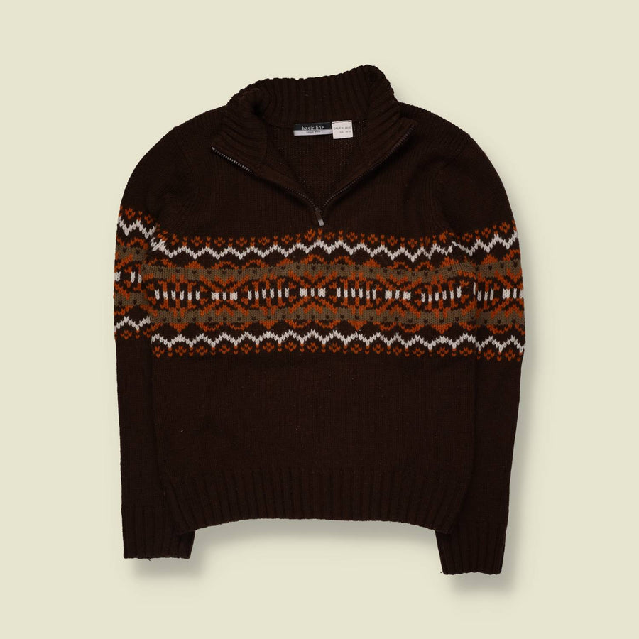 1990s | Basic Line | Fair Isle Quarter-Zip Knit Jumper | Brown - S