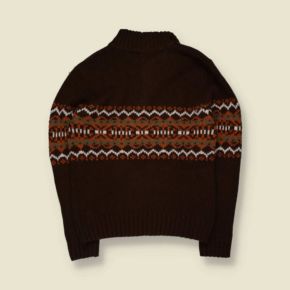1990s | Basic Line | Fair Isle Quarter-Zip Knit Jumper | Brown - S