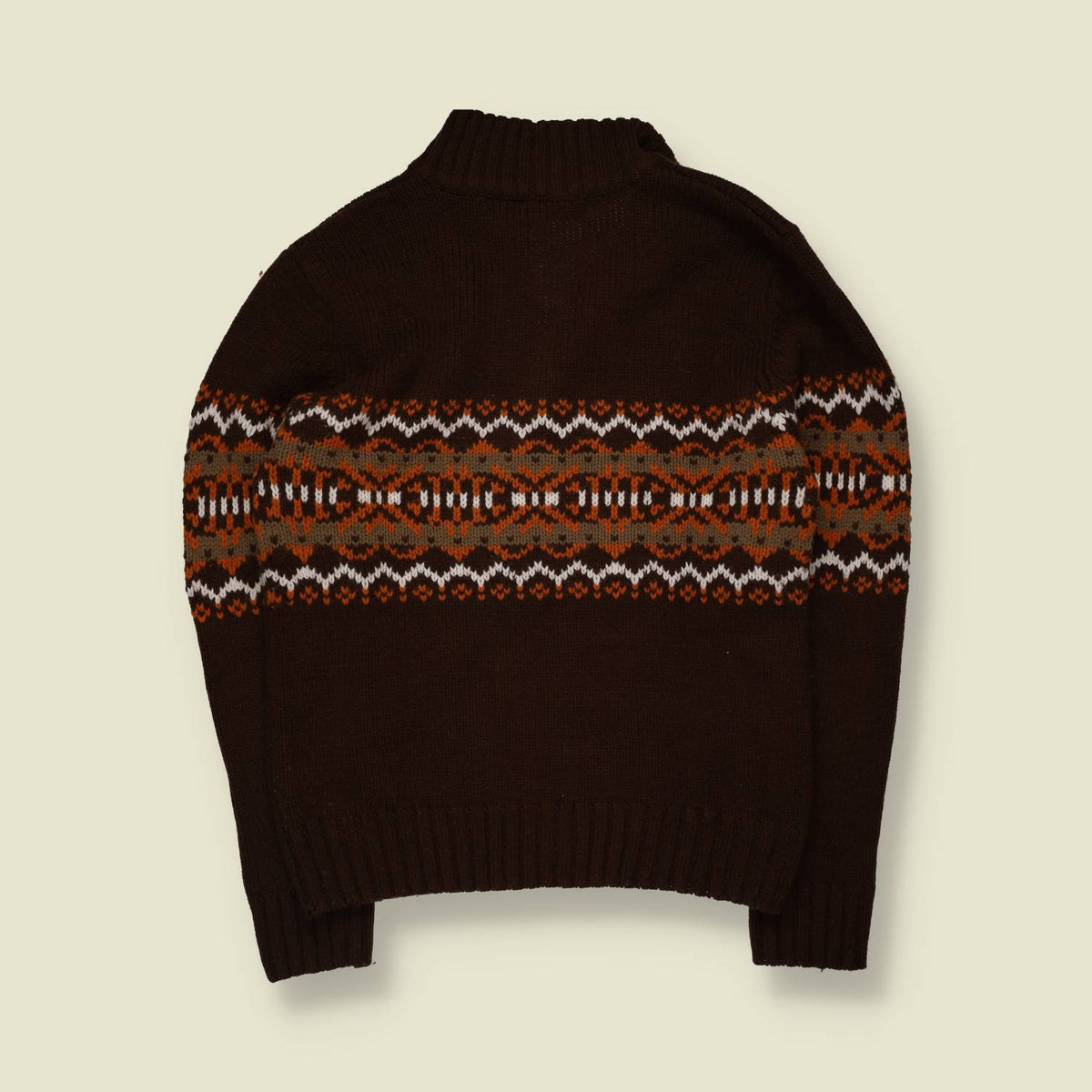 1990s | Basic Line | Fair Isle Quarter-Zip Knit Jumper | Brown - S