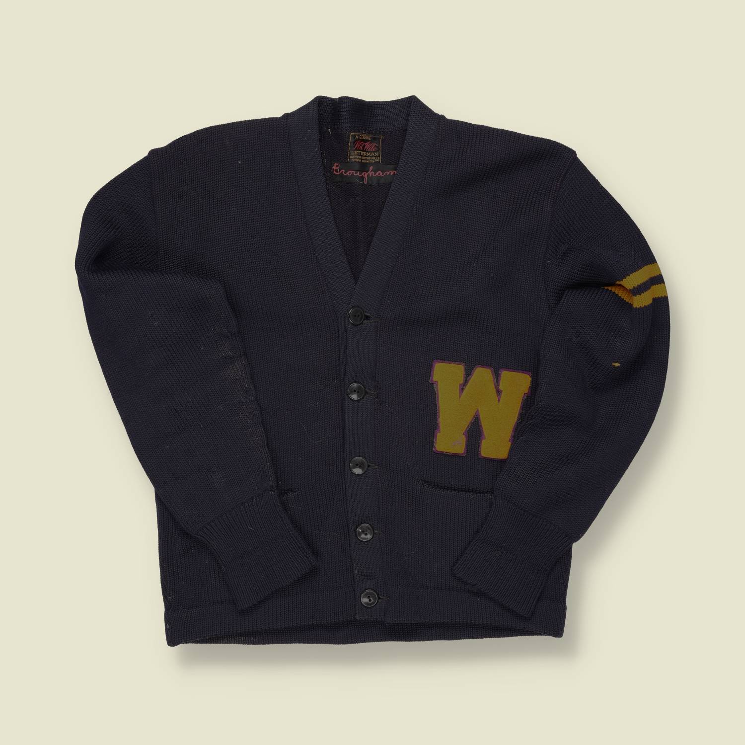 1950s Wil Wite Varsity Cardigan – Navy Wool with Gold “W” Patch & Striped Arm - S