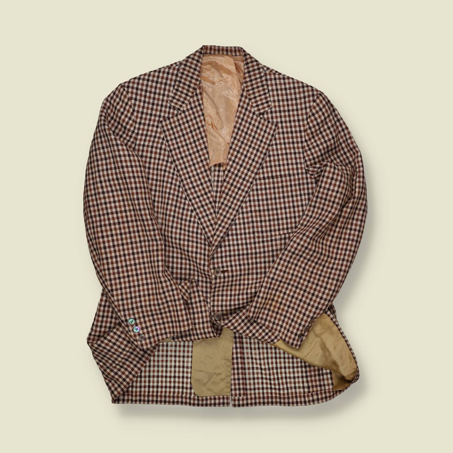 1970s Brown Check Sport Coat – Bold Plaid with Satin Lining - M