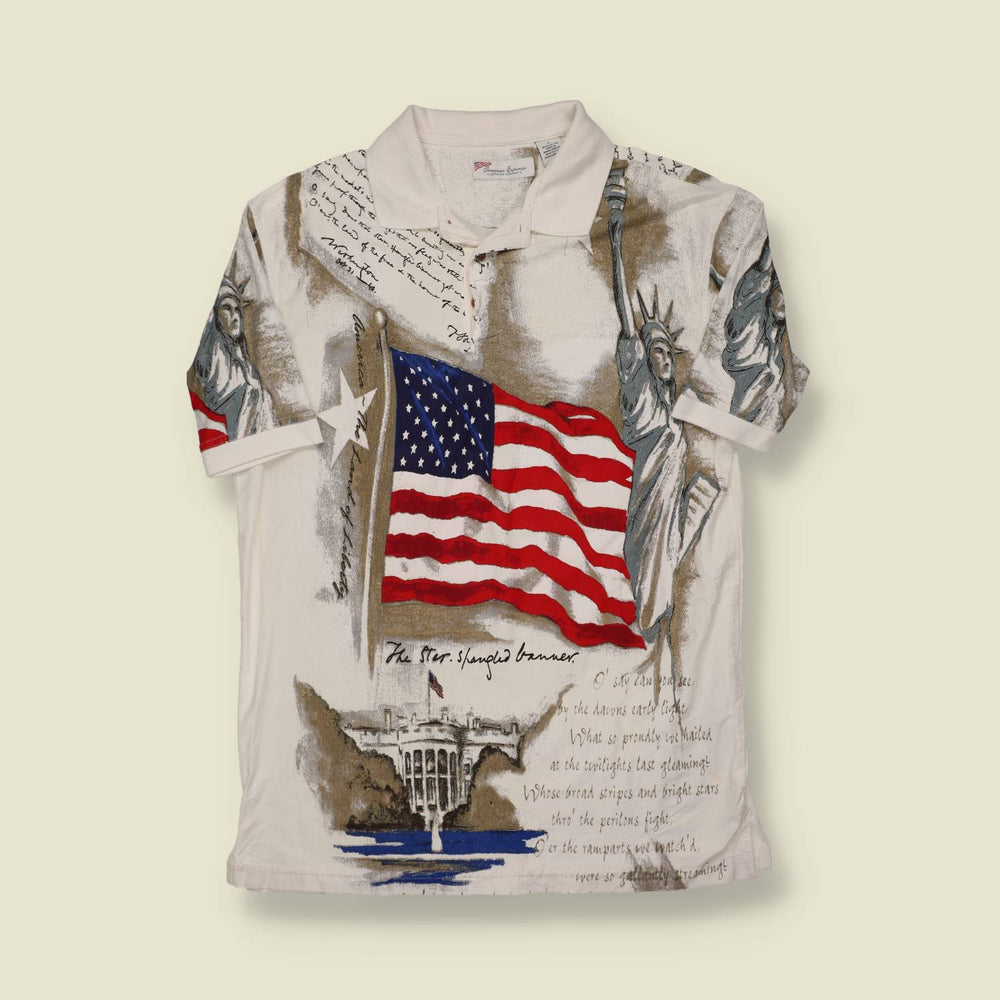 1990s American Summer Polo Shirt – USA Flag & Statue of Liberty Print - L