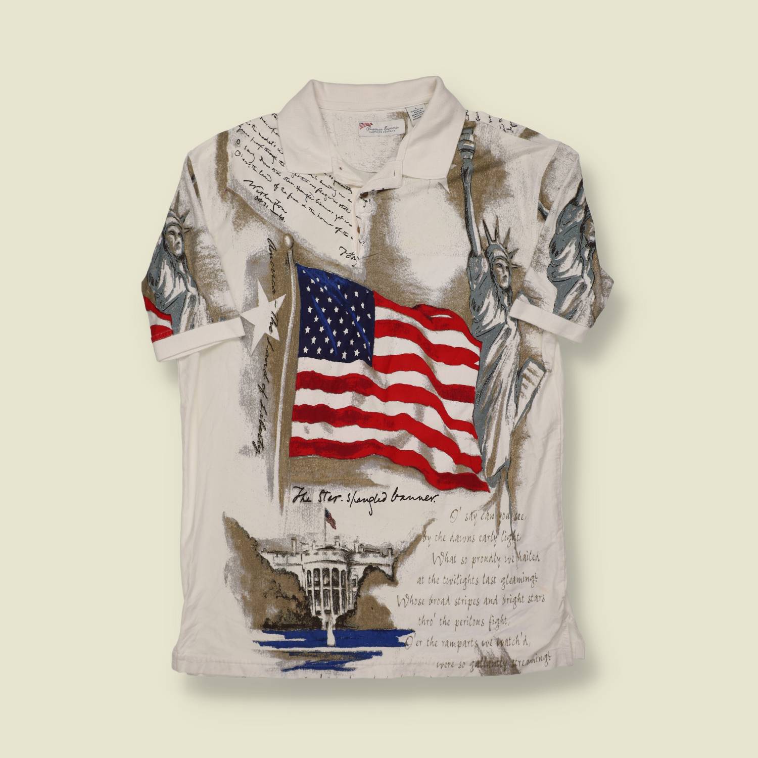 1990s American Summer Polo Shirt – USA Flag & Statue of Liberty Print - L