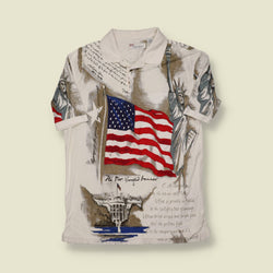 1990s American Summer Polo Shirt – USA Flag & Statue of Liberty Print - L