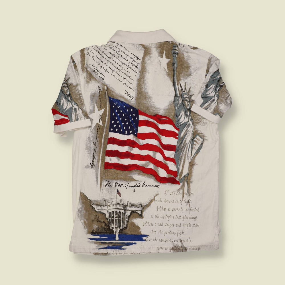 1990s American Summer Polo Shirt – USA Flag & Statue of Liberty Print - L