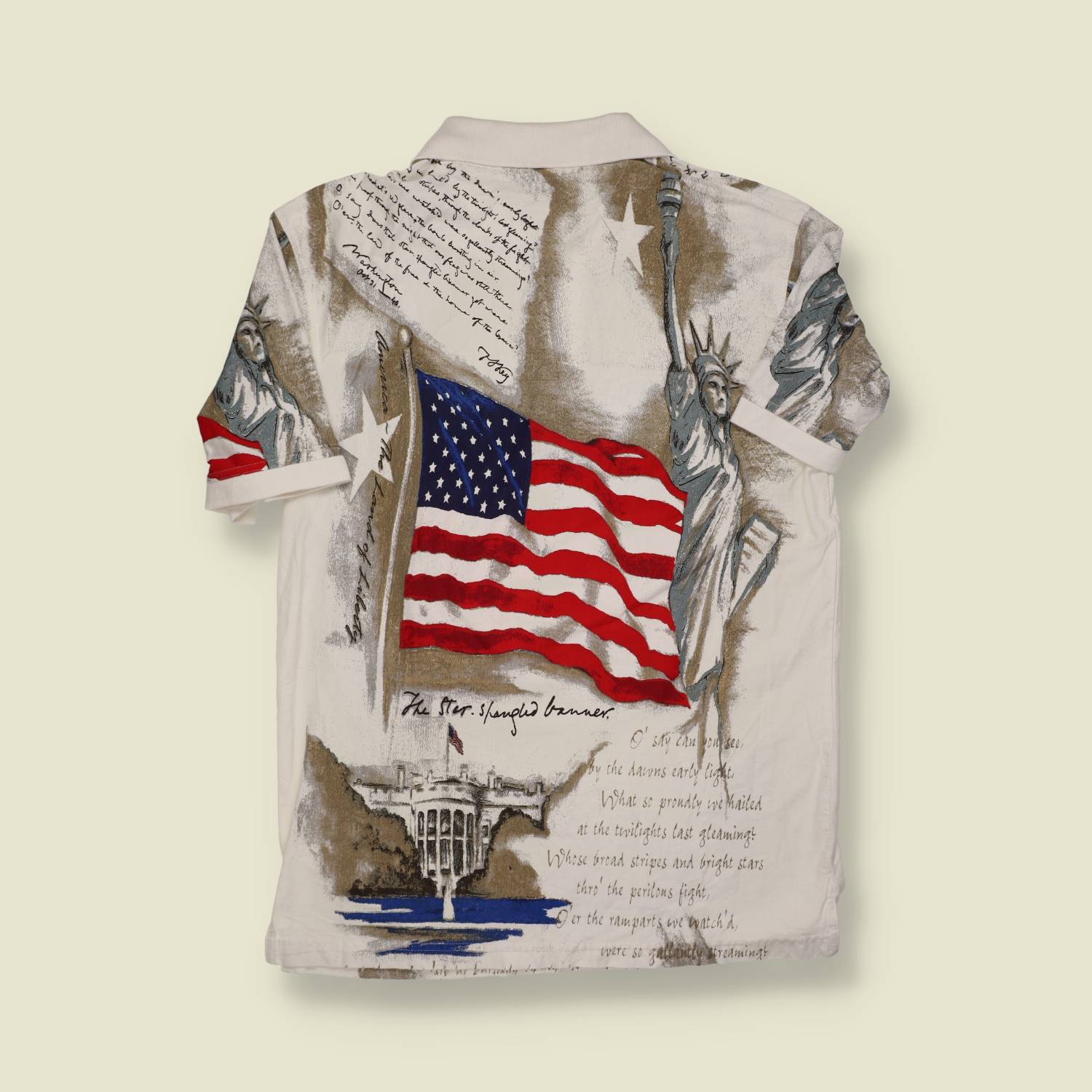 1990s American Summer Polo Shirt – USA Flag & Statue of Liberty Print - L