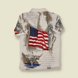 1990s American Summer Polo Shirt – USA Flag & Statue of Liberty Print - L