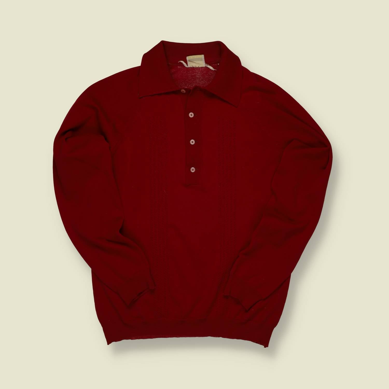 1960s Mod Knit Polo – Deep Red Long-Sleeve - S/M