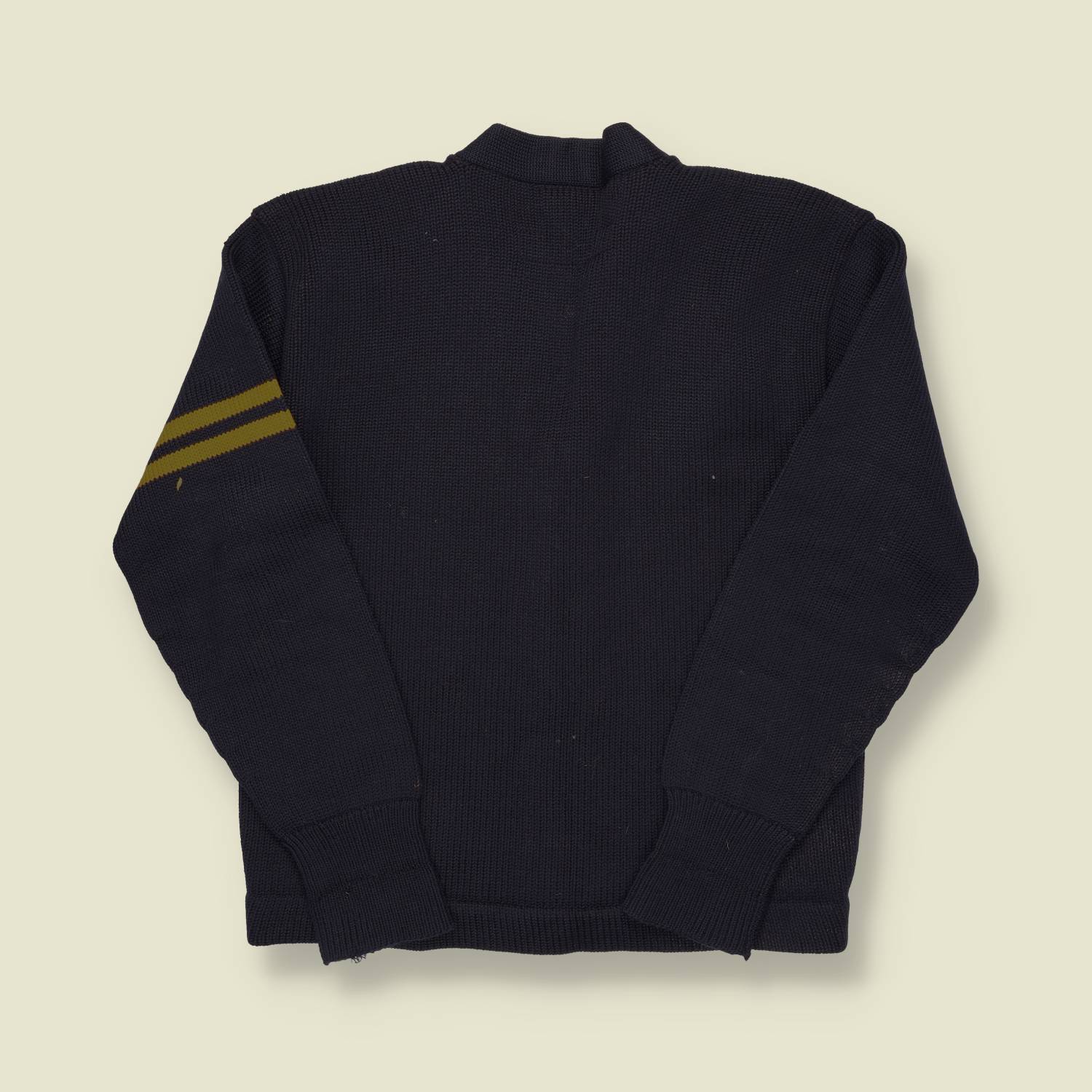 1950s Wil Wite Varsity Cardigan – Navy Wool with Gold “W” Patch & Striped Arm - S
