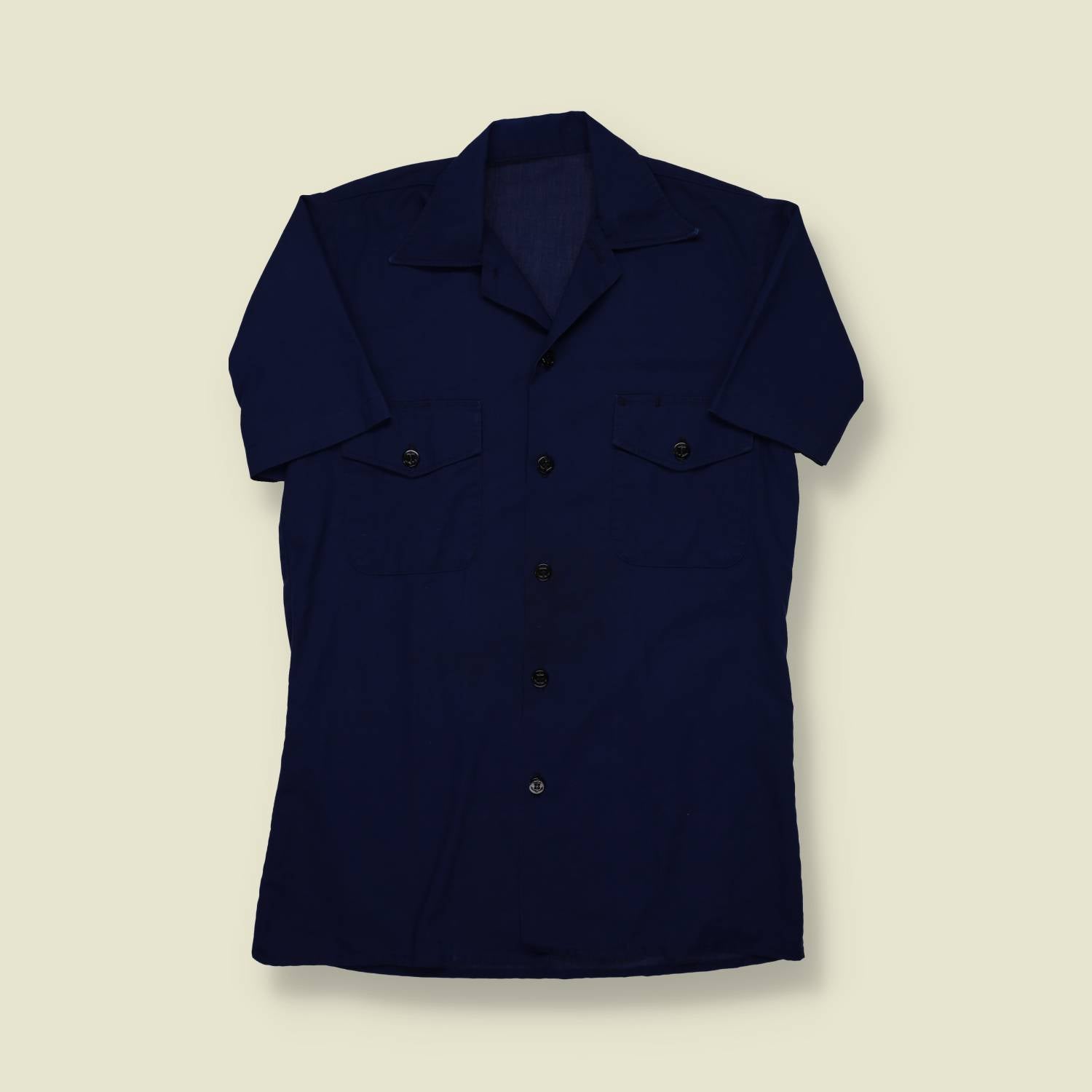 1980s Sailor Style Shirt – Navy Blue Short Sleeve - S
