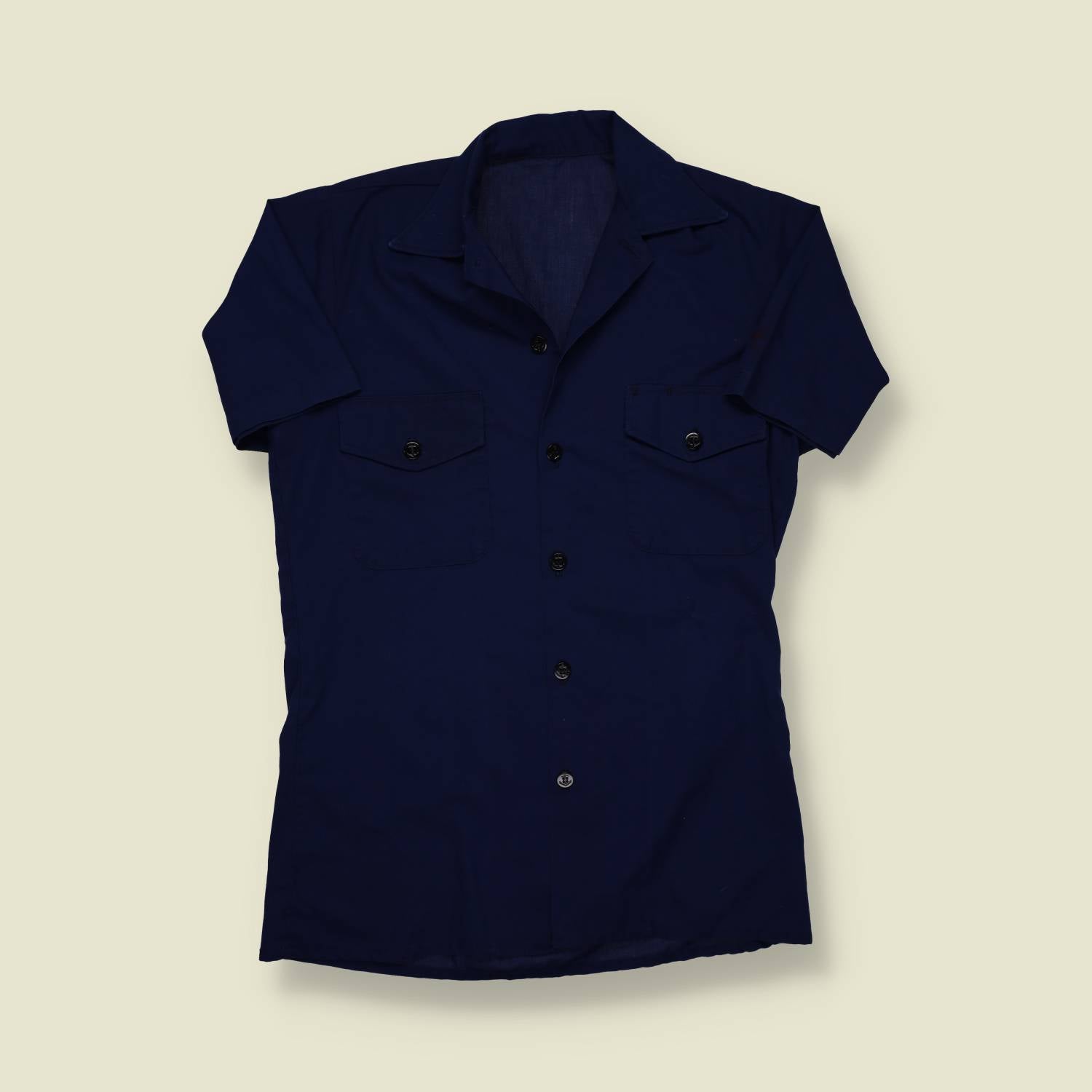 1980s Sailor Style Shirt – Navy Blue Short Sleeve - S