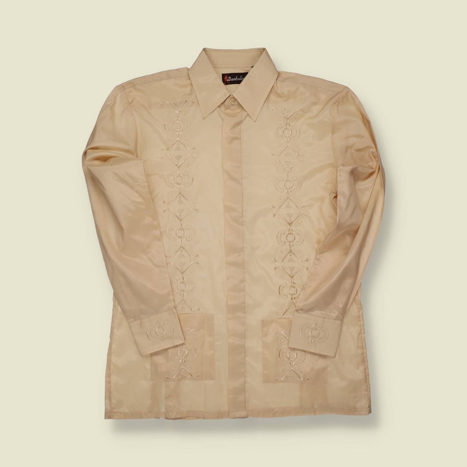 1970s Bandolera Shiny Dress Shirt – Beige with Embroidered Detail - S/M