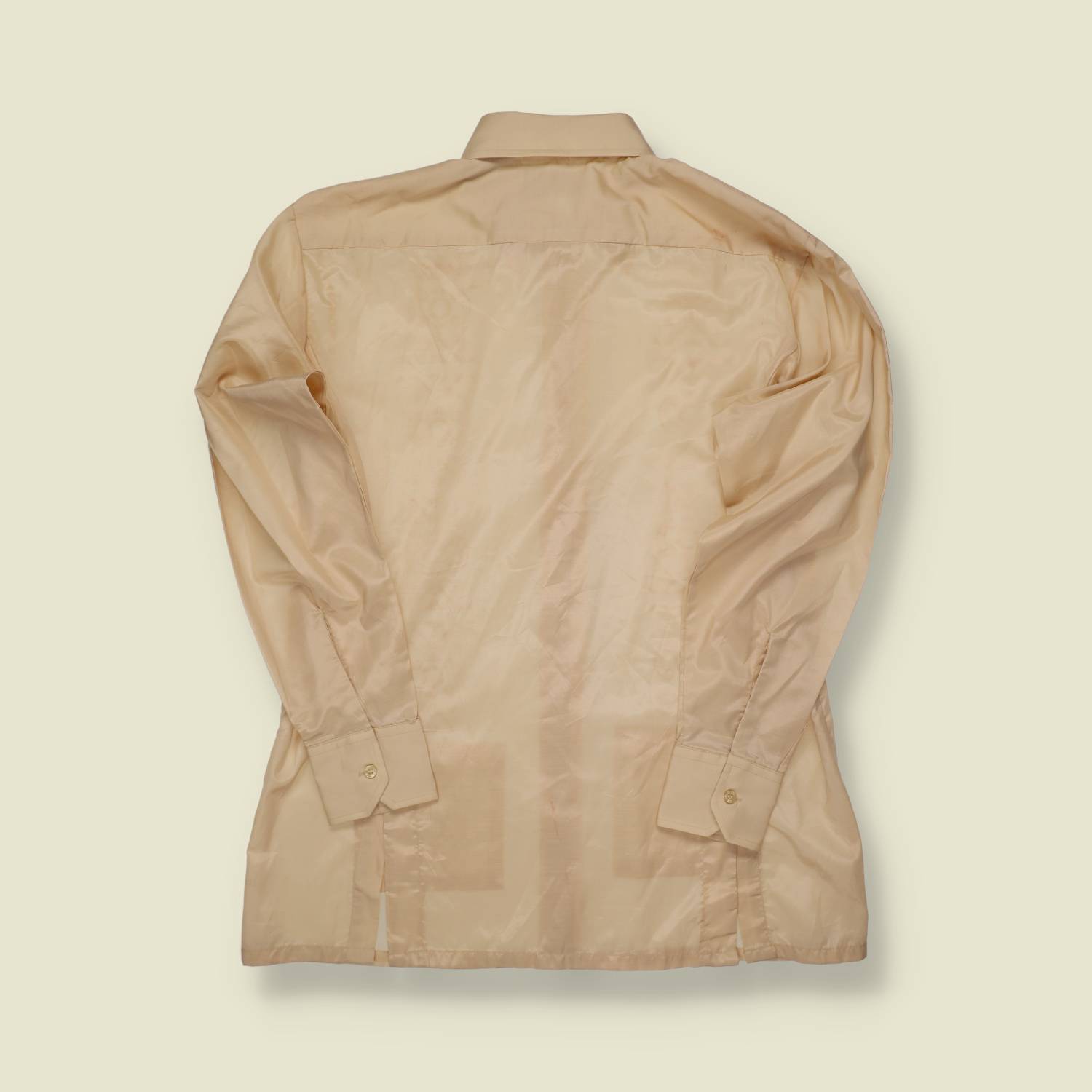 1970s Bandolera Shiny Dress Shirt – Beige with Embroidered Detail - S/M