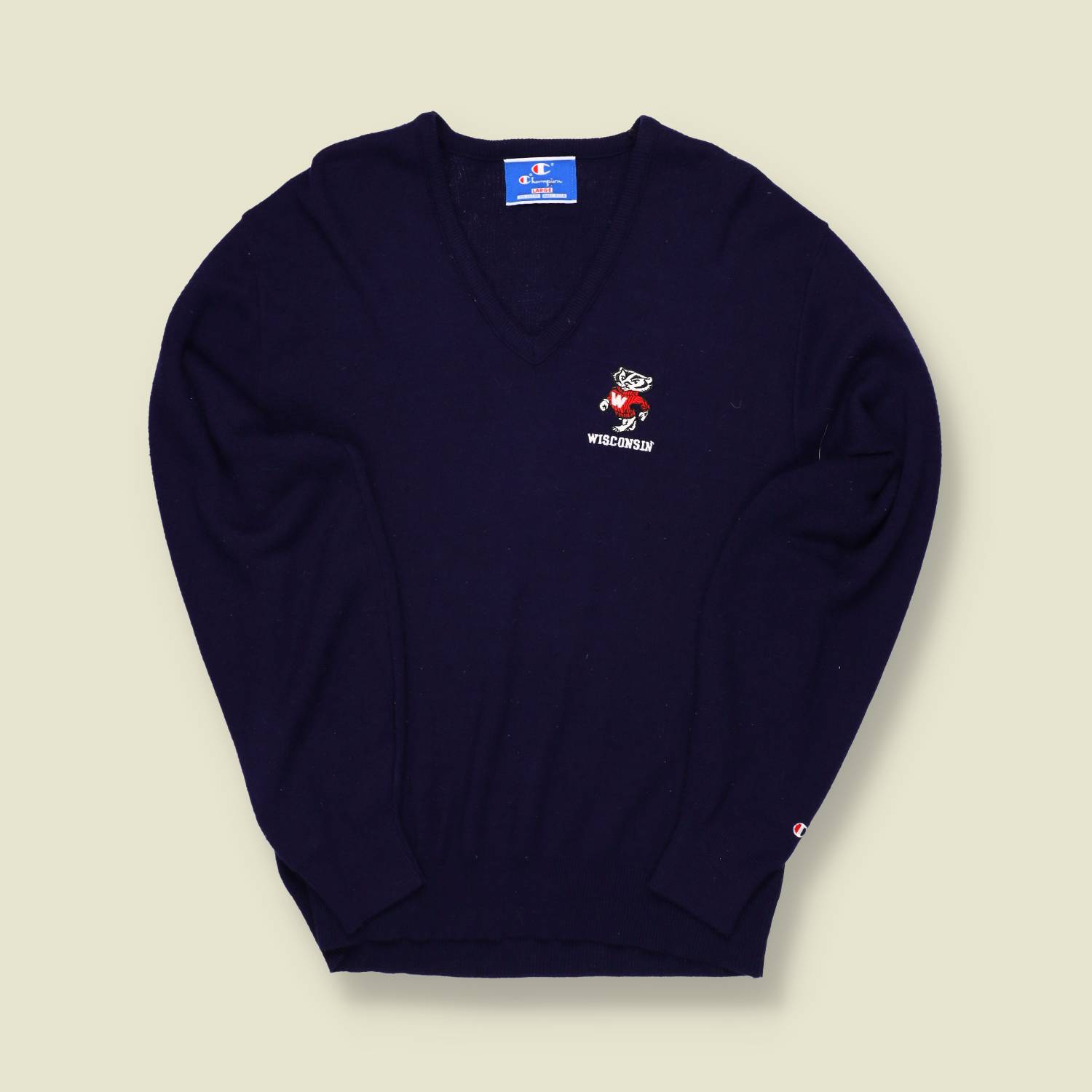 1990s Champion Wisconsin V-Neck Sweater – Navy Wool Blend - S/M