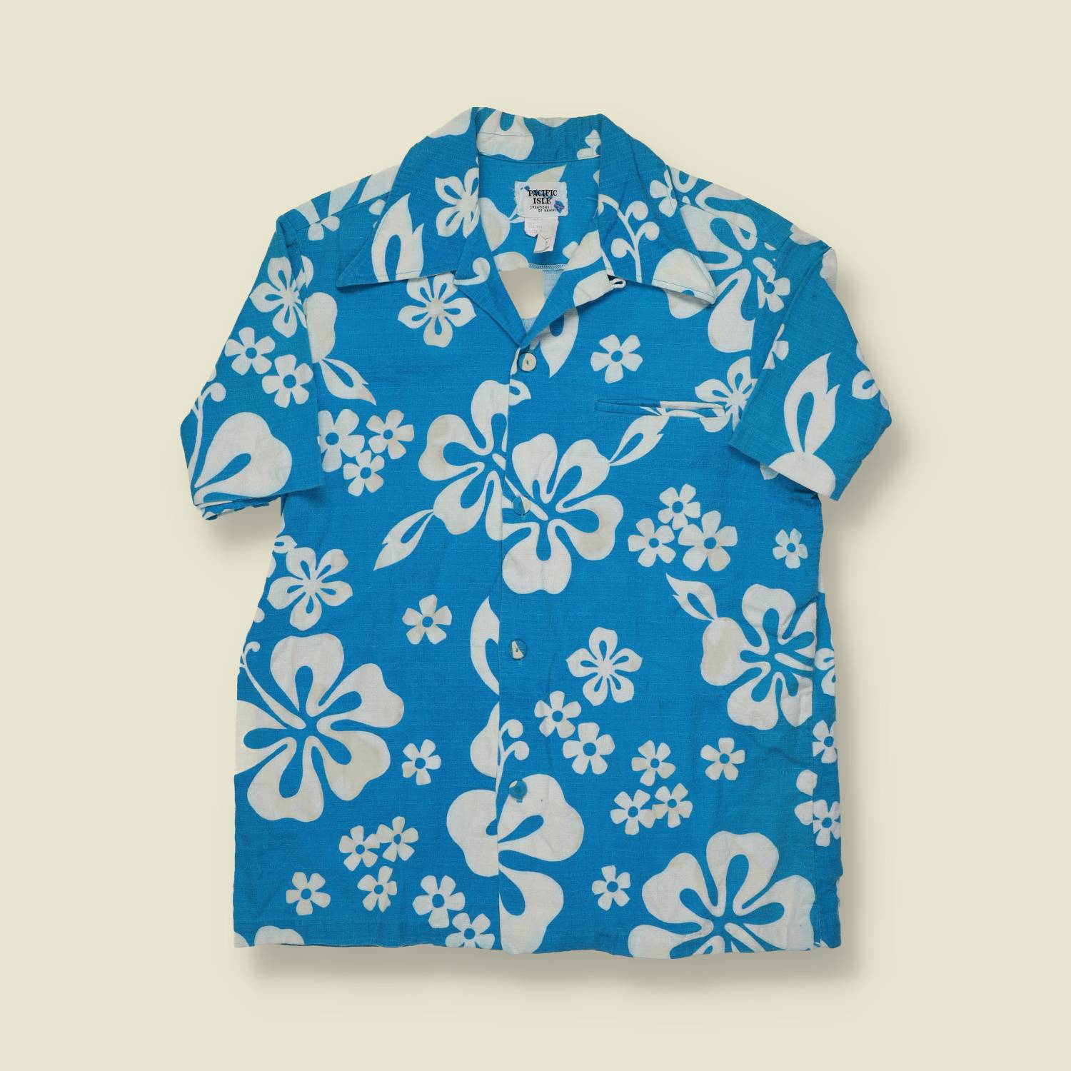 1970s Pacific Isle Hawaiian Shirt – Blue & White Floral - S/M