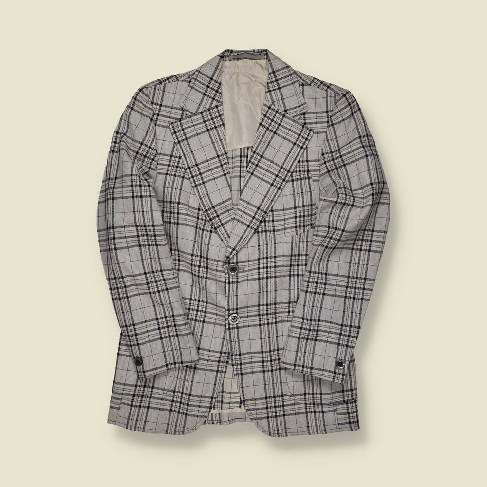 1970s PKZ Plaid Sport Coat – Grey with Navy & Black Check - S