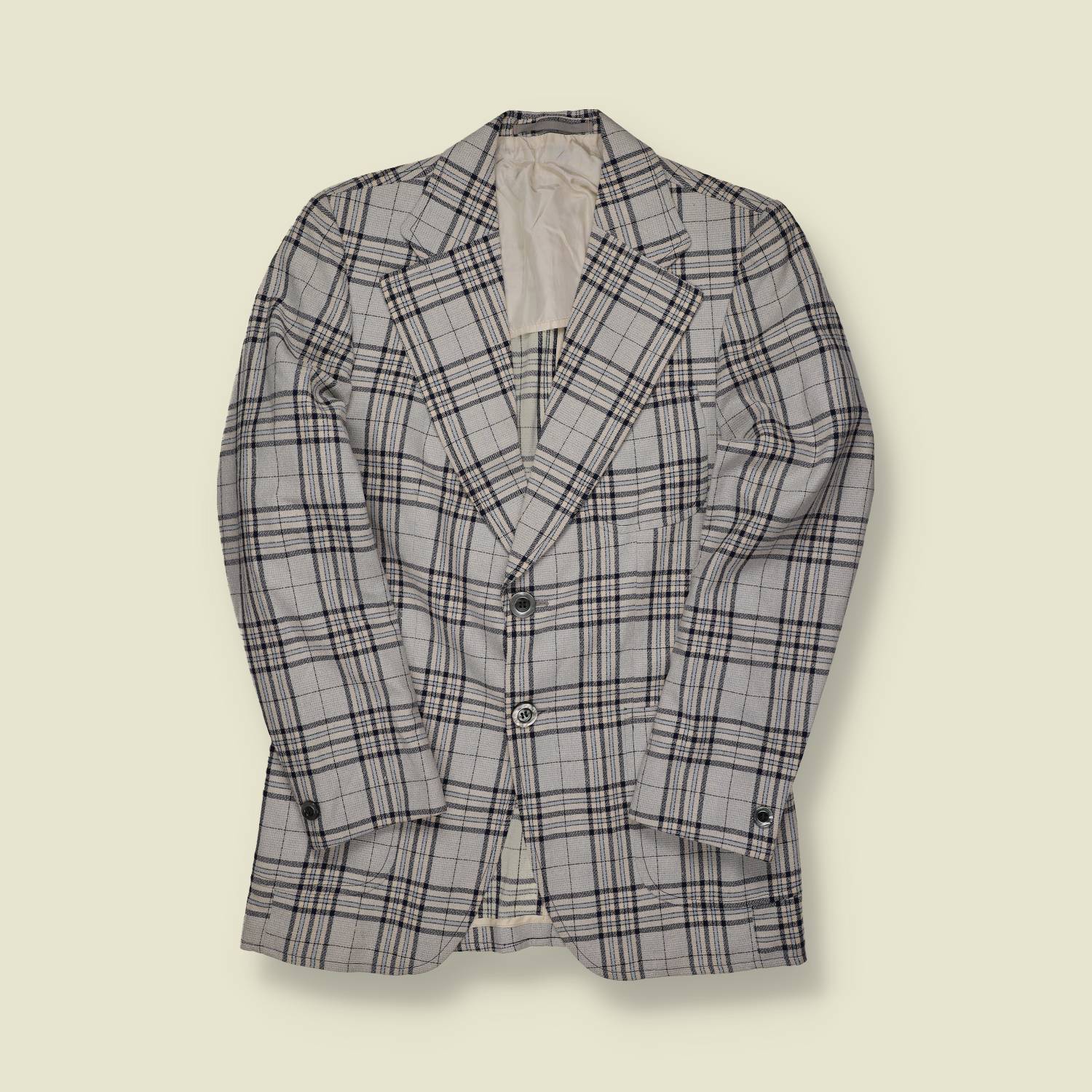 1970s PKZ Plaid Sport Coat – Grey with Navy & Black Check - S