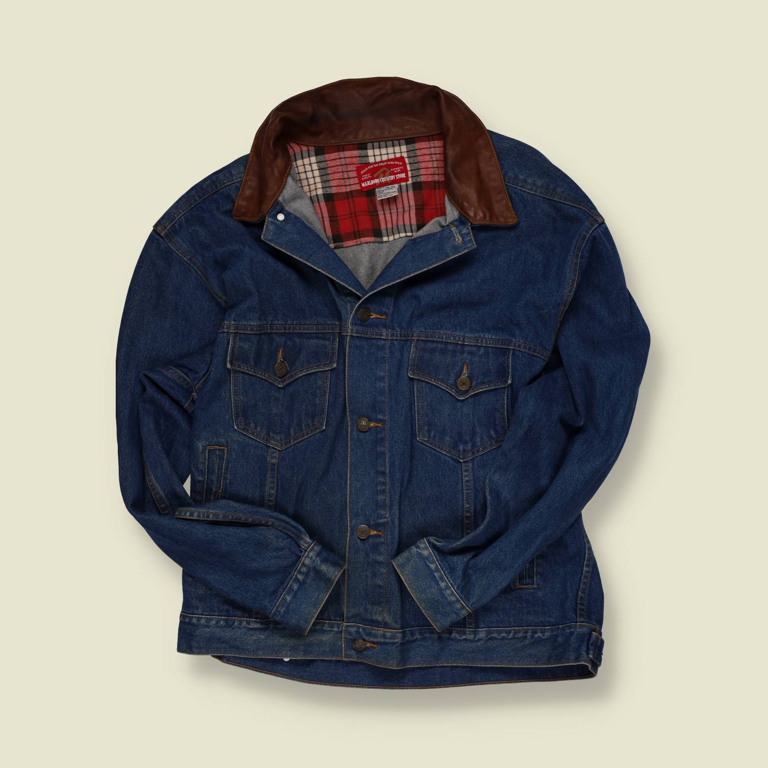 1990s | Marlboro Country Store | Denim Jacket with Leather Collar – Blanket Lined - L