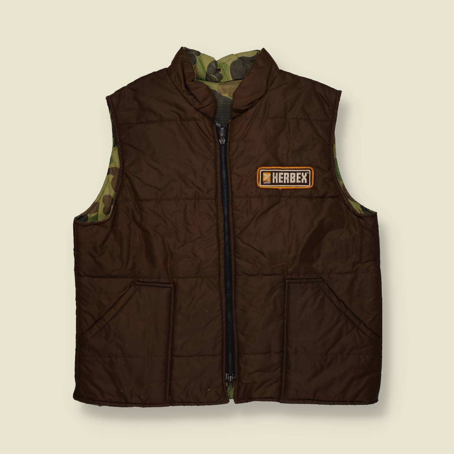 1970s | Herbex | Quilted Work Vest – Brown & Camo - M