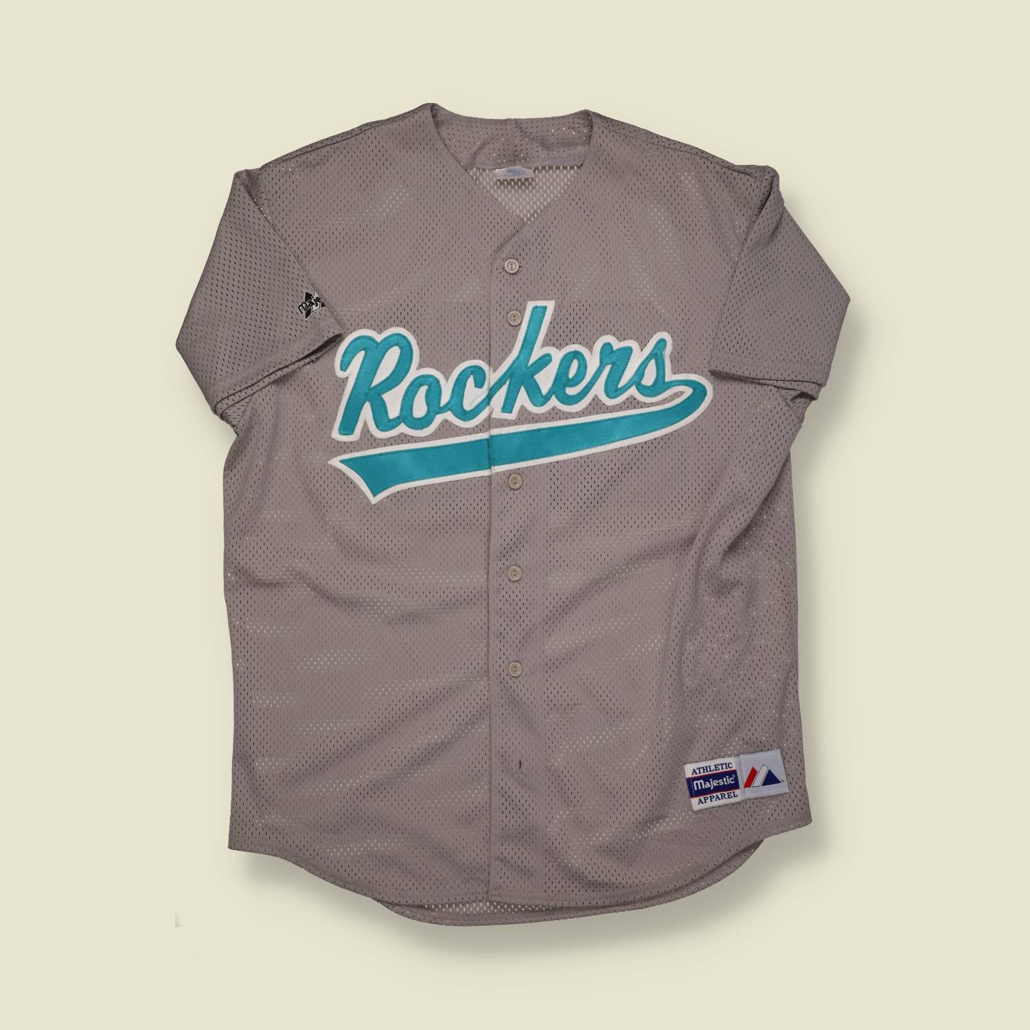 1990s | Majestic (Made in USA) | “Rockers” Mesh Baseball Jersey – Grey & Teal - S/M
