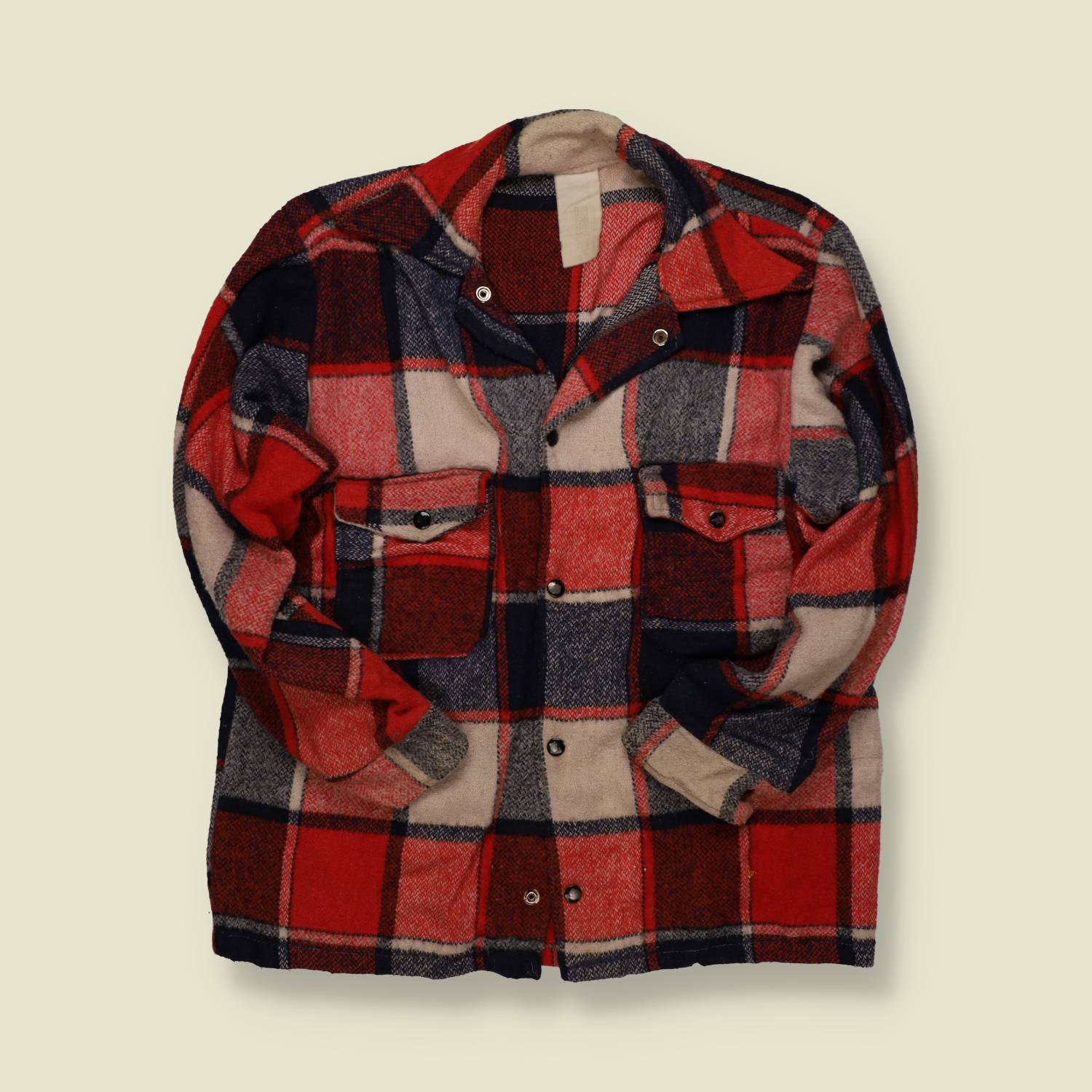 1970s | Woolrich Style | Heavy Wool Hunting Jacket – Red, Navy & Grey - M