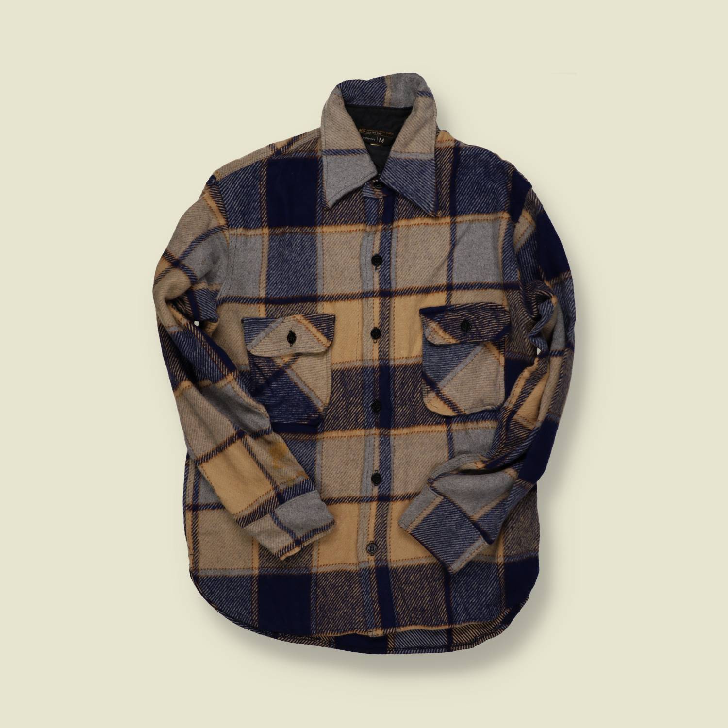 1970s | JCPenney | Wool Overshirt – Navy, Tan & Grey - S