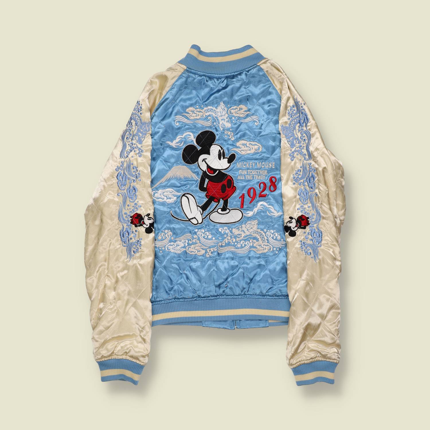 2000s | Disney × Souvenir Style | Mickey Mouse Sukajan Jacket – Blue & Cream - XXS/XS