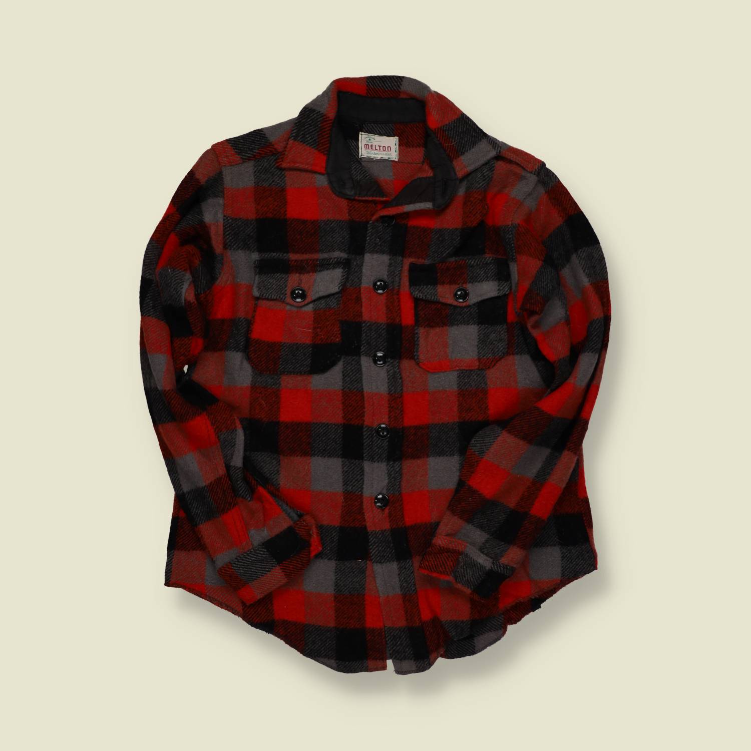 1970s | Melton | Wool Overshirt – Red, Black & Grey - S