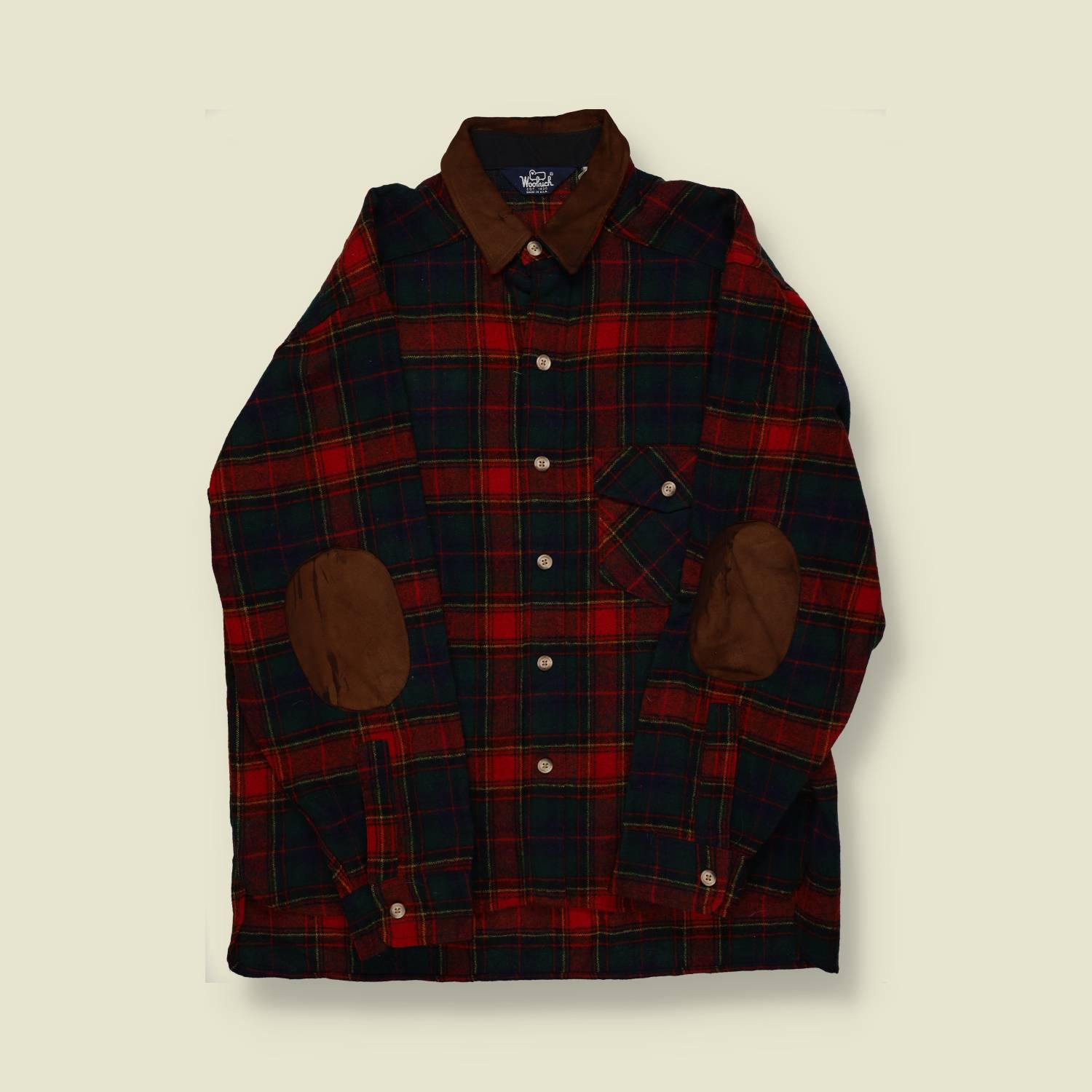 1990s | Woolrich | Flannel Overshirt with Leather Collar & Elbow Patches – Red & Green Plaid - L