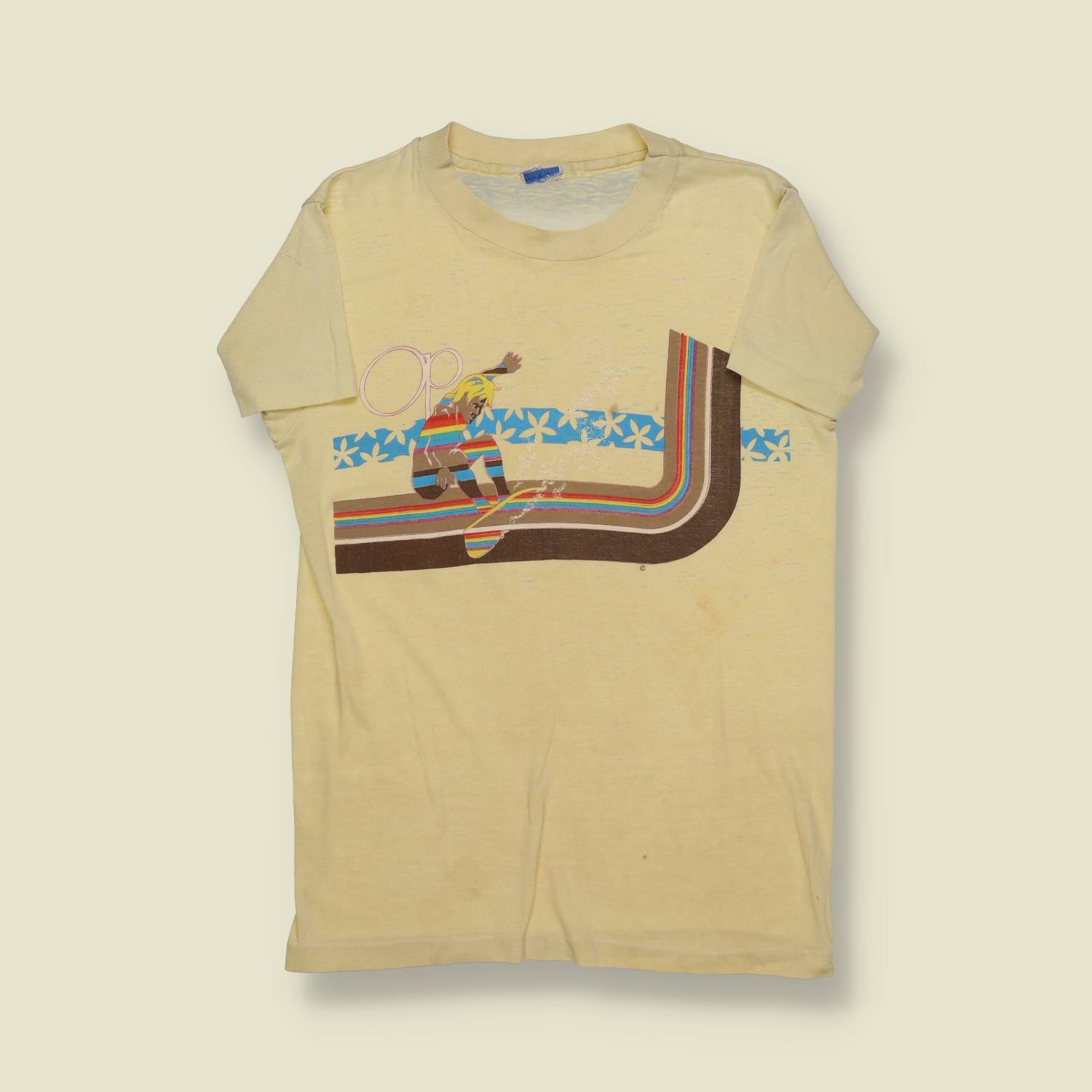 1970s | Unbranded | Surf Stripe Graphic Tee – Yellow - XXS
