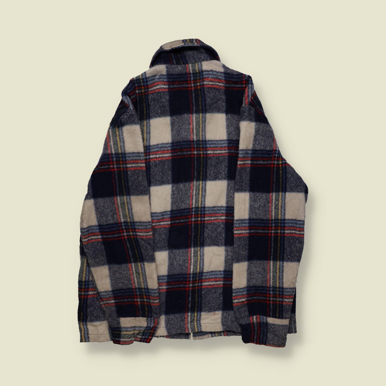 1970s | Unbranded | Heavy Wool Plaid Shirt Jacket – Navy, Grey & Red - M