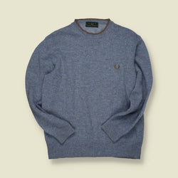 1990s | Fred Perry | Wool Crew Knit with Suede Elbow Patches – Blue Marl - M/L