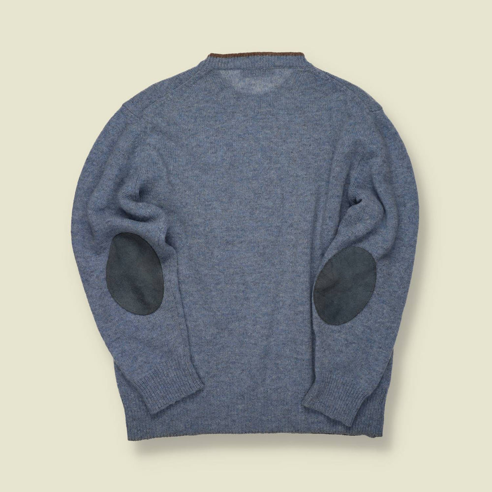 1990s | Fred Perry | Wool Crew Knit with Suede Elbow Patches – Blue Marl - M/L