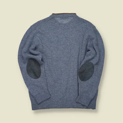 1990s | Fred Perry | Wool Crew Knit with Suede Elbow Patches – Blue Marl - M/L