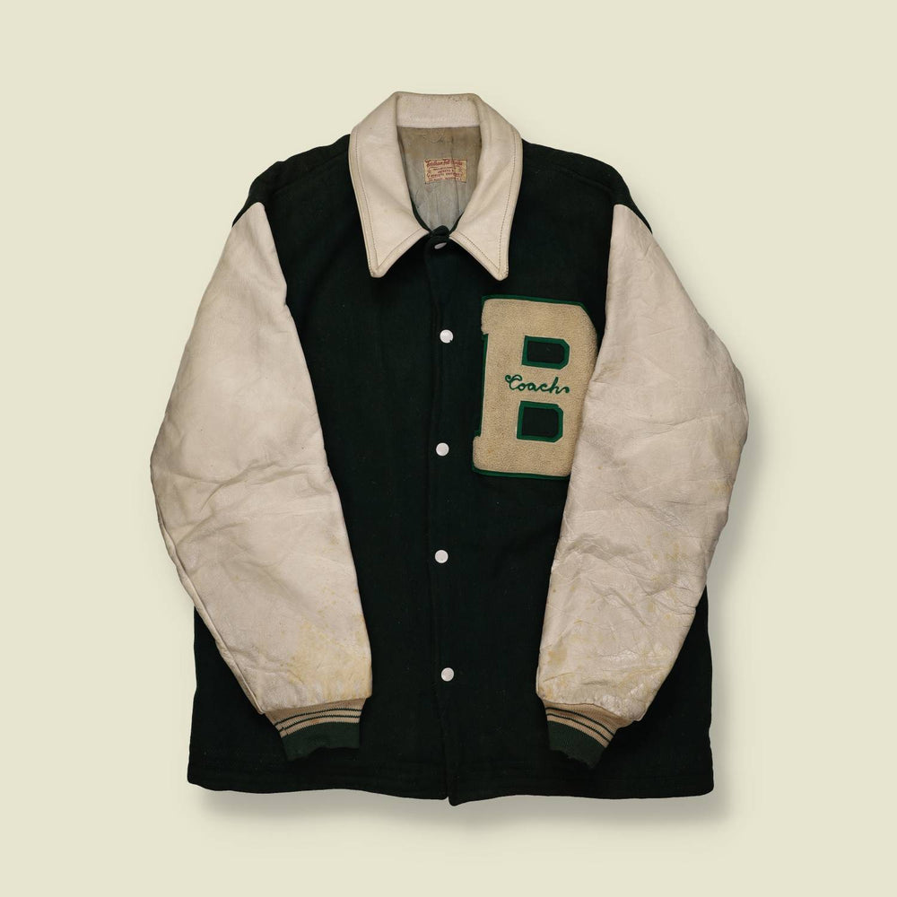 1963 | Brick Township Coach | Wool & Leather Varsity Jacket – Green/Cream - M