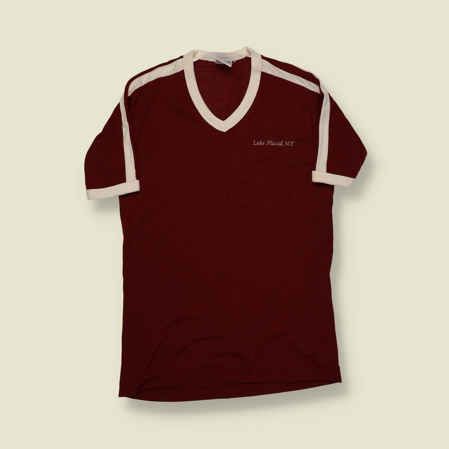 1970s | Bob Scott | Contrast Trim V-Neck T-Shirt – Maroon/White “Lake Placid, N.Y.” - XXS