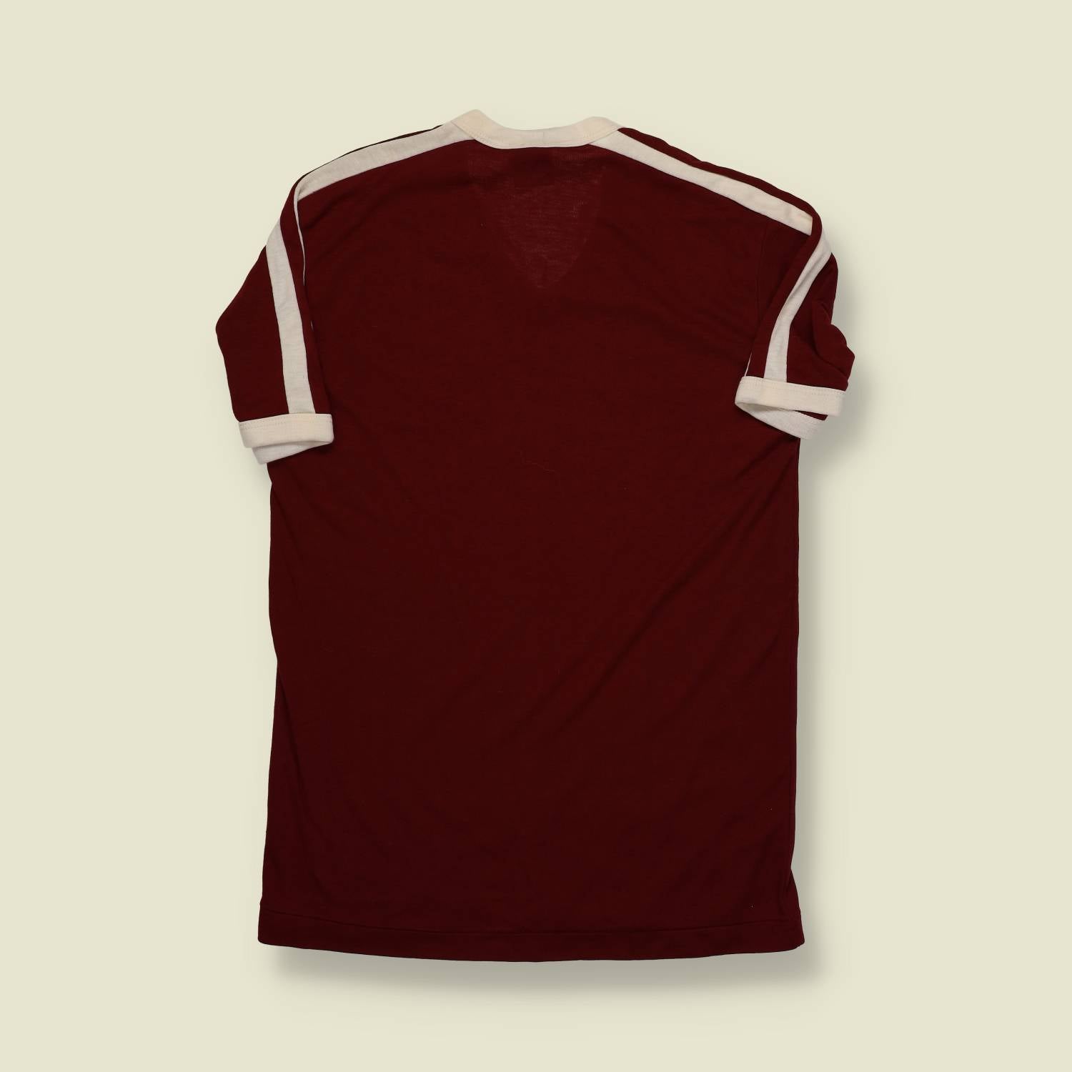 1970s | Bob Scott | Contrast Trim V-Neck T-Shirt – Maroon/White “Lake Placid, N.Y.” - XXS