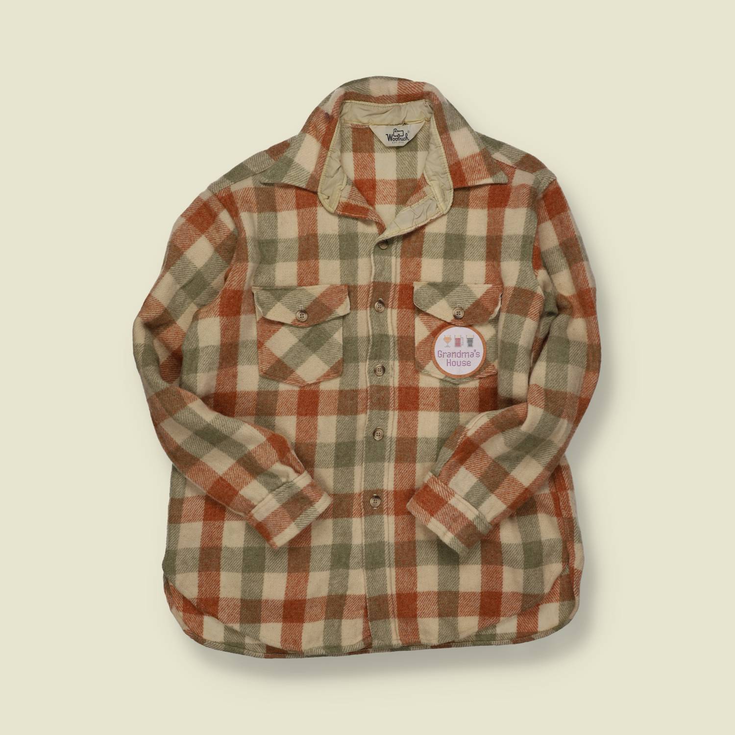 1970s | Woolrich | Made in USA | Wool Board Shirt – Cream/Olive/Rust Plaid - M/L