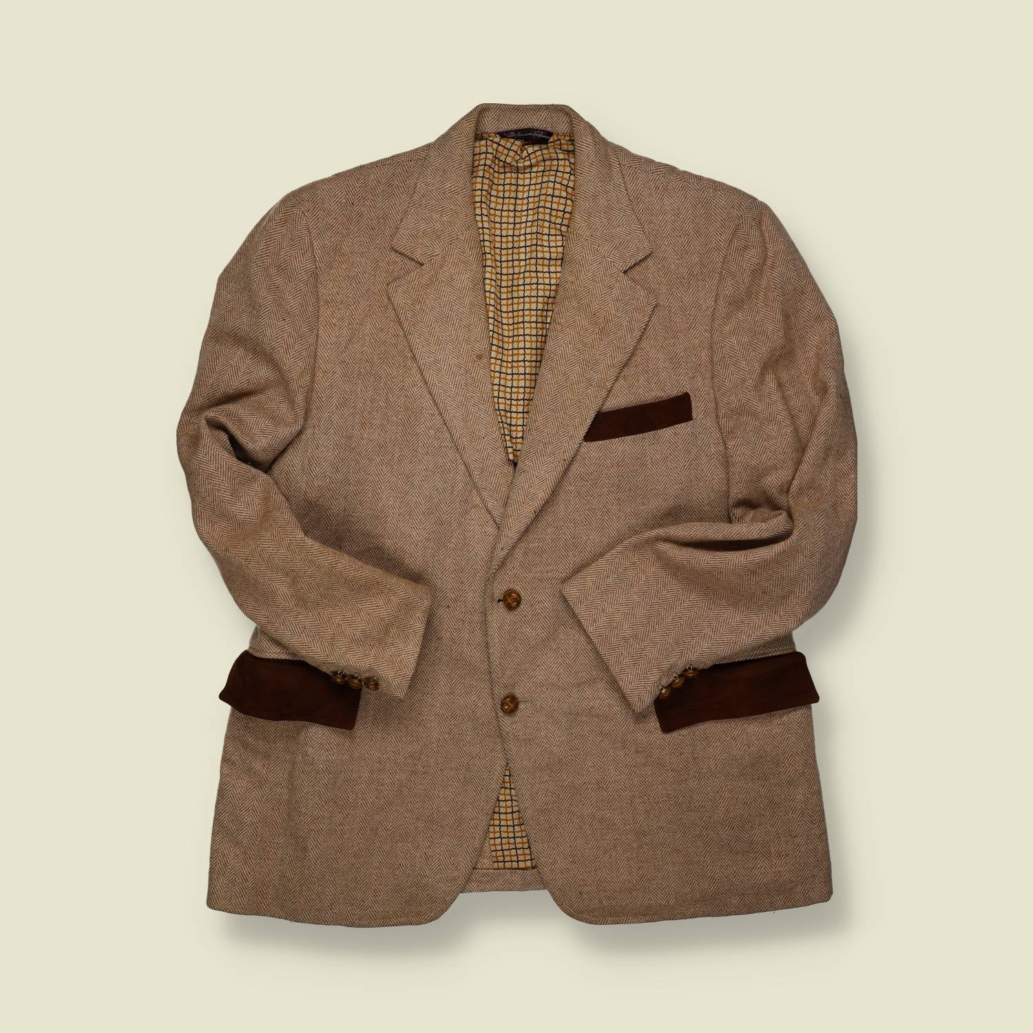 1970s | Woolrich | Herringbone Tweed Sports Jacket – Leather Trim – Taupe - M