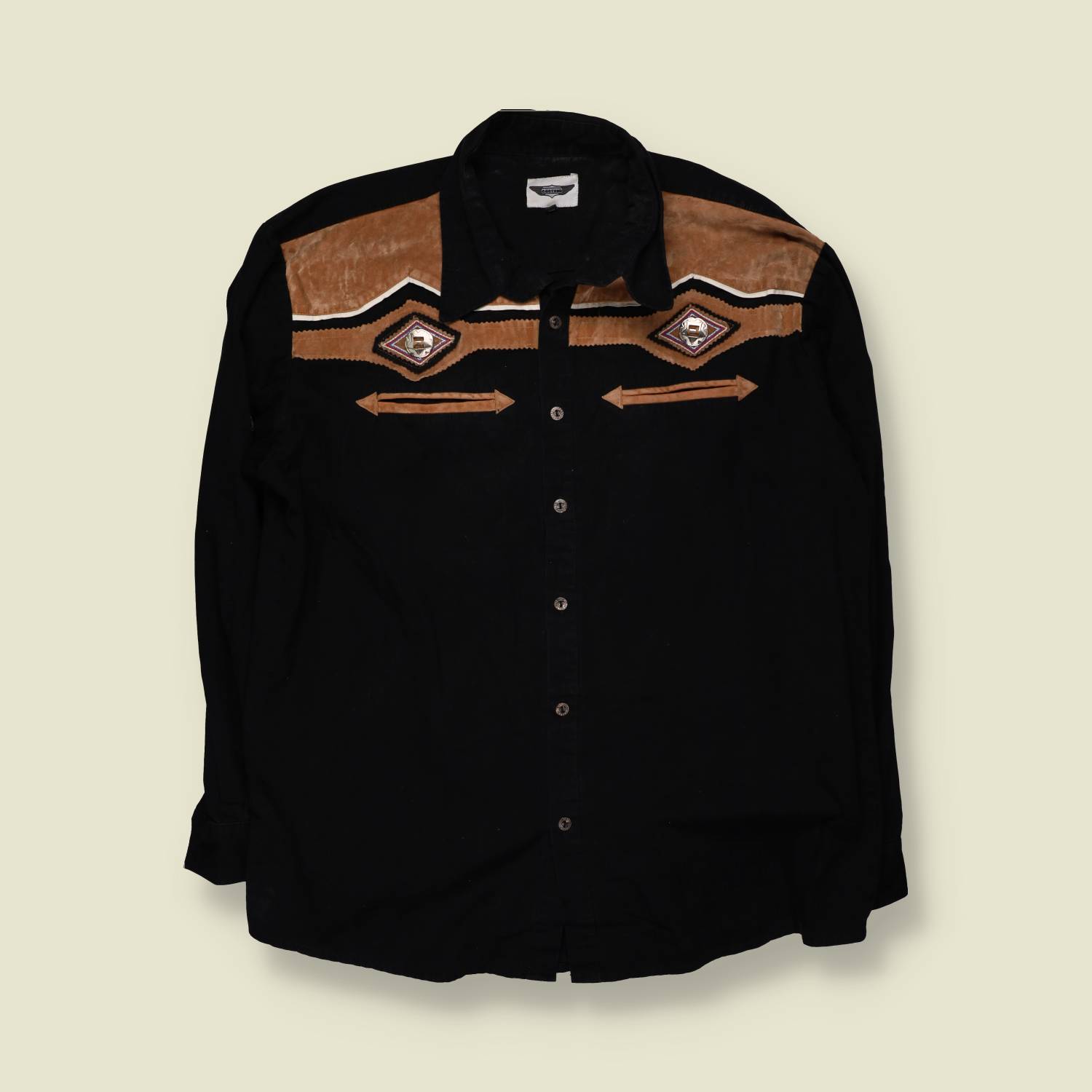 1980s | Leather Appliqué Western Shirt | Black - XXL